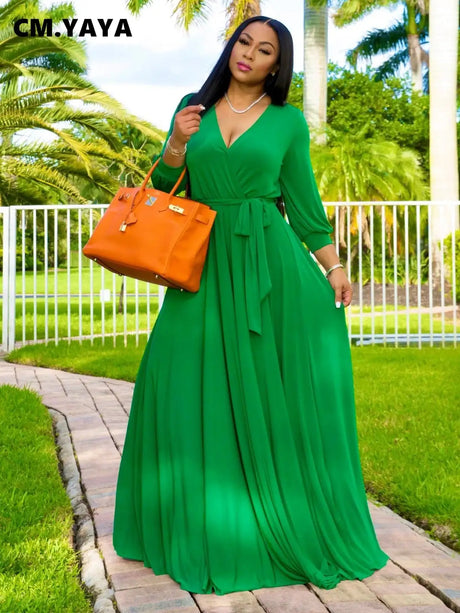 CM.YAYA Elegant Women Wraped V-neck Long Sleeve with Sashes Maxi Long Dress Chic INS Sexy Party Prom Big Swing Pink Dresses - Lootquake