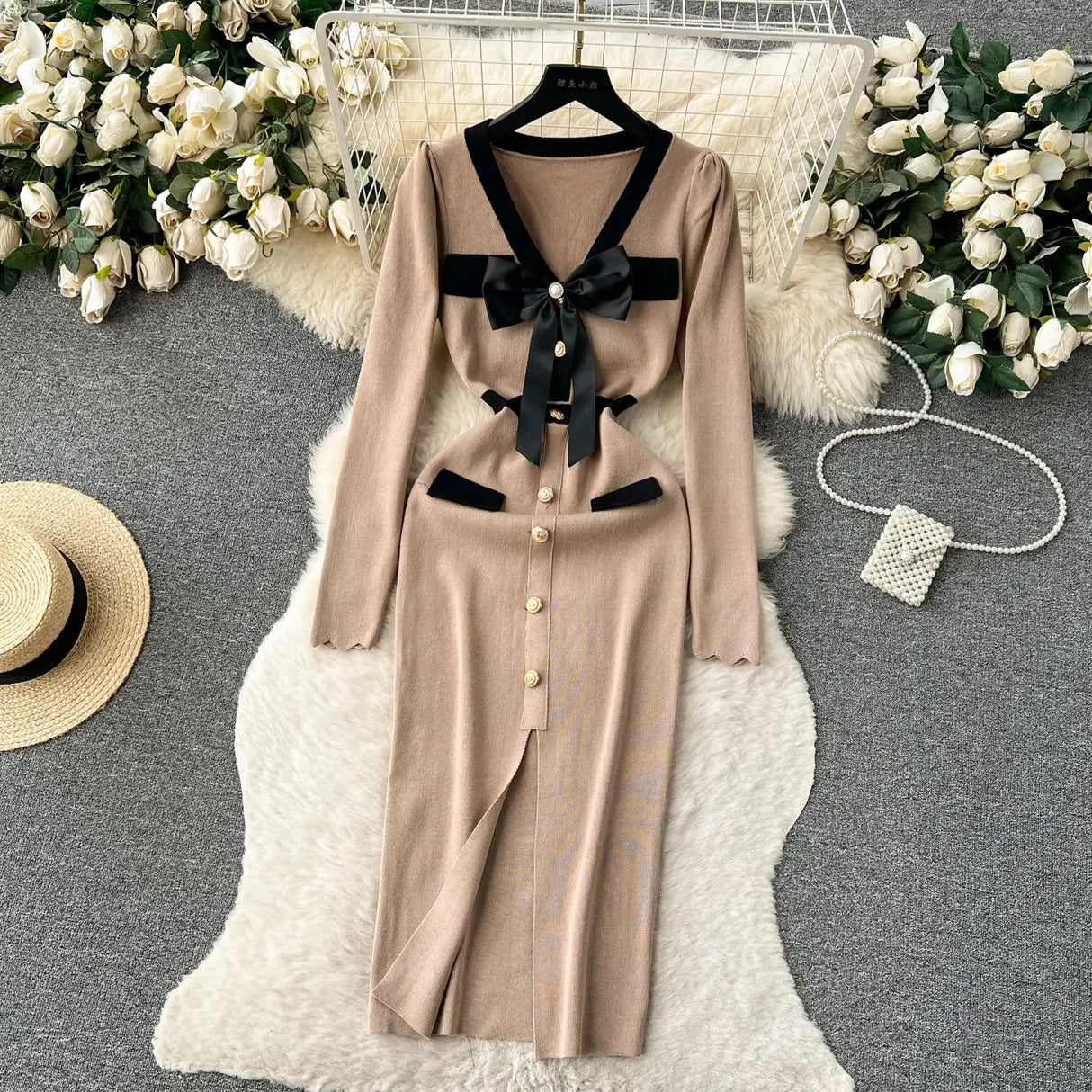 SINGREINY Office Lady Sweater Long Dress 2023 Bow Single Breasted Elastic Split Women Autumn Dress Fashion Senior Knitted Dress
