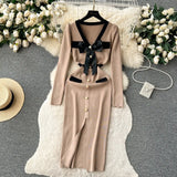 SINGREINY Office Lady Sweater Long Dress 2023 Bow Single Breasted Elastic Split Women Autumn Dress Fashion Senior Knitted Dress