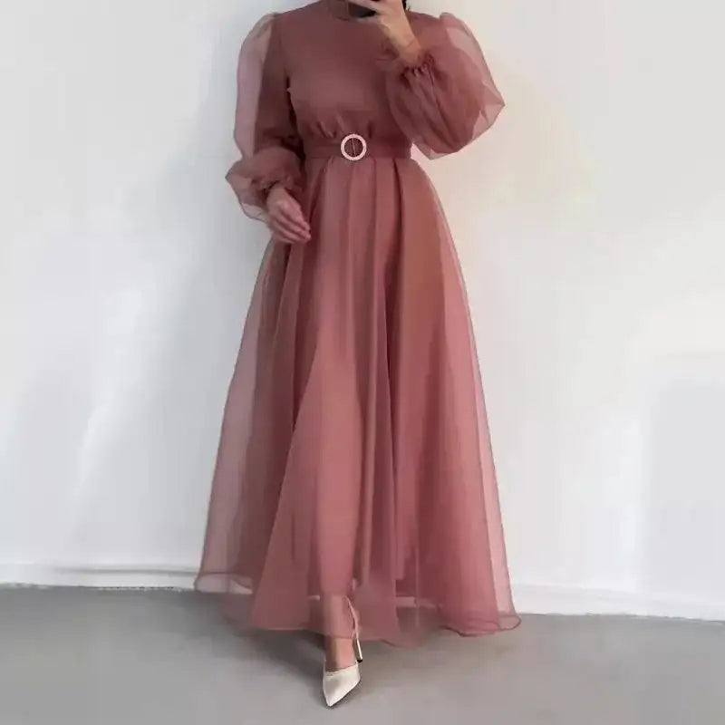 Spring Elegant Mesh Dress Muslim Women Fashion Solid High Waist Mesh Lantern Sleeves Long Dress Women - Lootquake