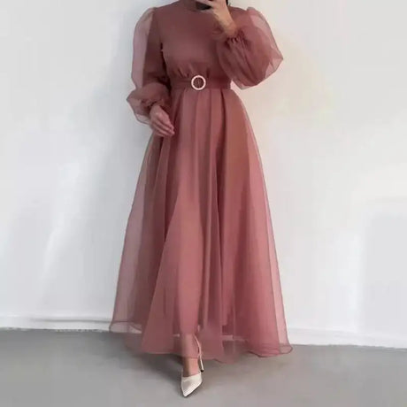 Spring Elegant Mesh Dress Muslim Women Fashion Solid High Waist Mesh Lantern Sleeves Long Dress Women - Lootquake