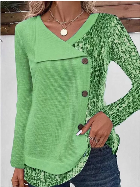 4 Color Blocked Button Long Sleeved Blouse Irregular Collar Women's Casual T-shirt Street Fashion Daily Autumn Top - Lootquake