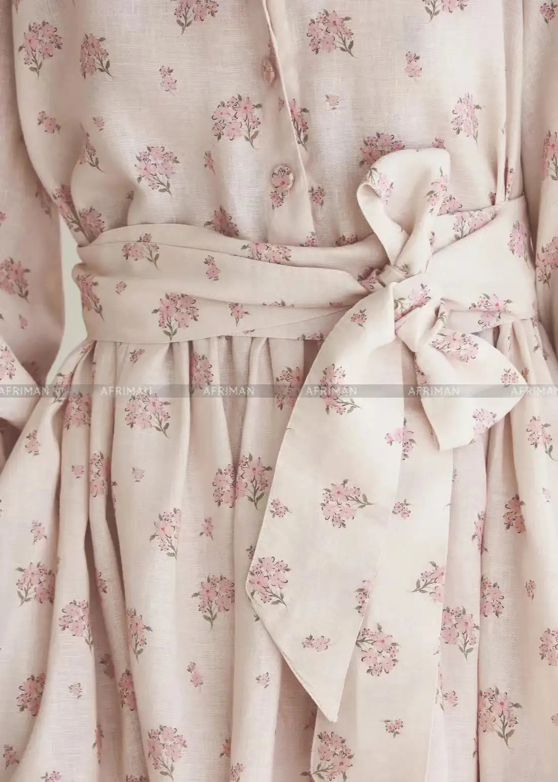 2025 New 100% Linen Flower Print Long Sleeve Tie Up Waist Loose Long Dress - Lootquake