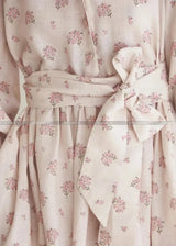 2025 New 100% Linen Flower Print Long Sleeve Tie Up Waist Loose Long Dress - Lootquake