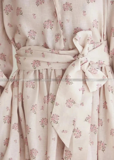 2025 New 100% Linen Flower Print Long Sleeve Tie Up Waist Loose Long Dress - Lootquake