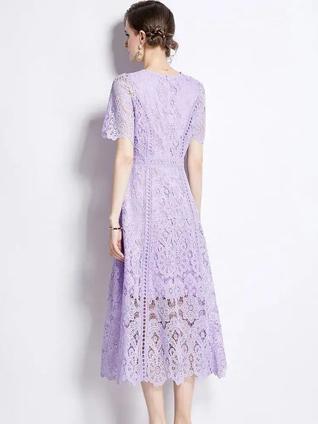 SMTHMA Vintage High-End O-Neck Short Sleeve Lace Hollow Out Dress For Women's Summer Slim Elegant Long Dress Female Clothing - Lootquake