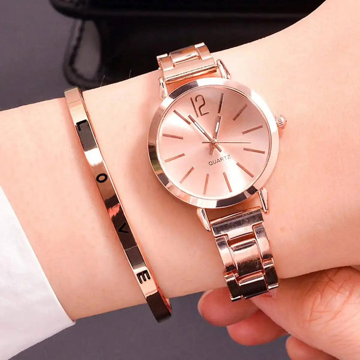 2pcs Set Watch Luxury Women Simple Dial Hollow Strap Fashion Gold Bracelet Quartz Wristwatch Student Ladies Watches Reloj Mujer - Lootquake