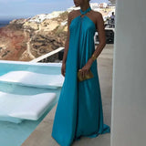 Women Dresses Solid Color Off Shoulder Backless Long Dress Neck Straps A-Line Beach Large Hem Dress Feminine Clothing - Lootquake