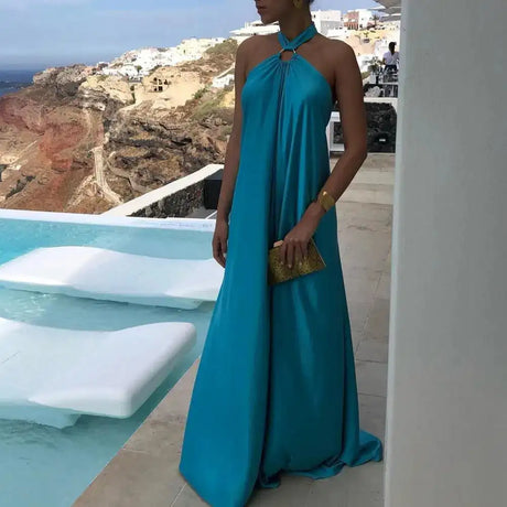 Women Dresses Solid Color Off Shoulder Backless Long Dress Neck Straps A-Line Beach Large Hem Dress Feminine Clothing - Lootquake