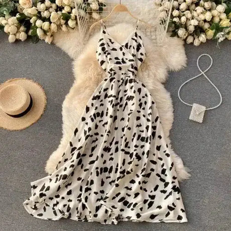 Neploe Vintage Print Holiday Long Dress Women High Waist Hip A Line Vestidos Summer 2025 New V Neck Sleeveless Camis Robe Slim - Lootquake