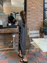 2024 New Casual Korean Striped O-neck Short Sleeve Long Dress Ladies Simplicity Patchwork Loose Tshirt Dress Women Clothing - Lootquake