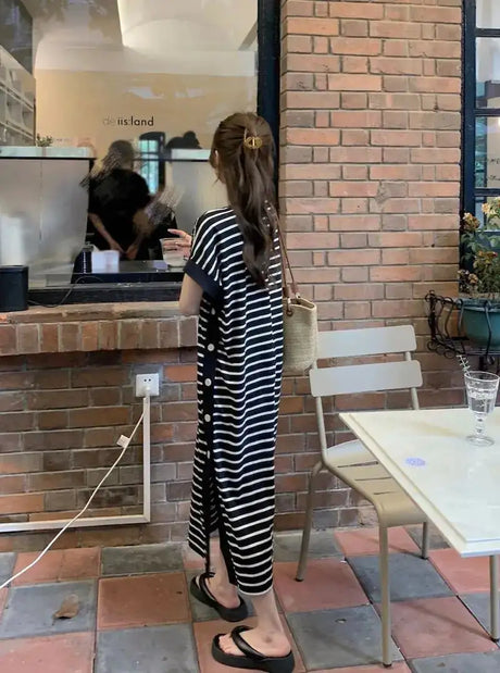 2024 New Casual Korean Striped O-neck Short Sleeve Long Dress Ladies Simplicity Patchwork Loose Tshirt Dress Women Clothing - Lootquake