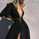 Summer Sexy Hollow Out Beach Tunic Pareo White V Neck Cover Up Long Dress Bikini Cover Up  Swimwear Bathing Suit Beachwear - Lootquake