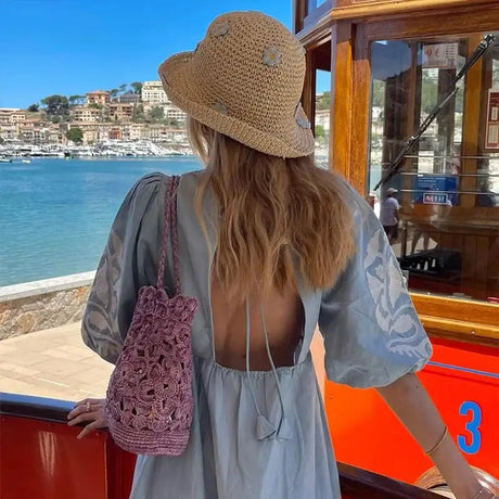 Elegant Print Half Puff Sleeve Dresses Women Loose V-neck Lace Up Backless Long Dress 2024 Summer New Ladies Chic Beach Robes - Lootquake