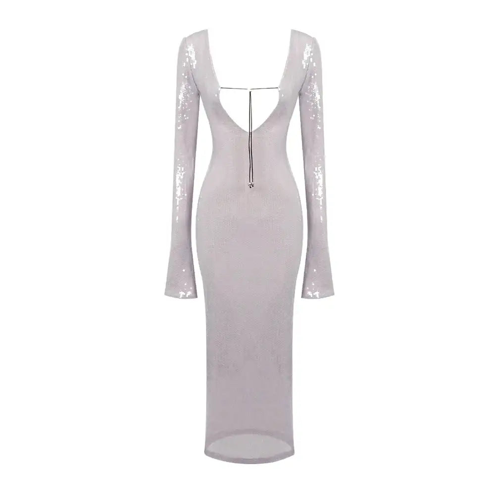 BEVENCCEL Sexy Luxury Sequins Deep V Long Sleeve Backless Sequins Long Dress Elegant  Bodycon Maxi Evening Party Clubwear Dress - Lootquake