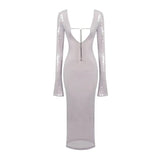 BEVENCCEL Sexy Luxury Sequins Deep V Long Sleeve Backless Sequins Long Dress Elegant  Bodycon Maxi Evening Party Clubwear Dress - Lootquake
