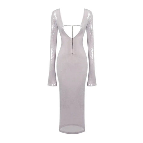 BEVENCCEL Sexy Luxury Sequins Deep V Long Sleeve Backless Sequins Long Dress Elegant  Bodycon Maxi Evening Party Clubwear Dress - Lootquake