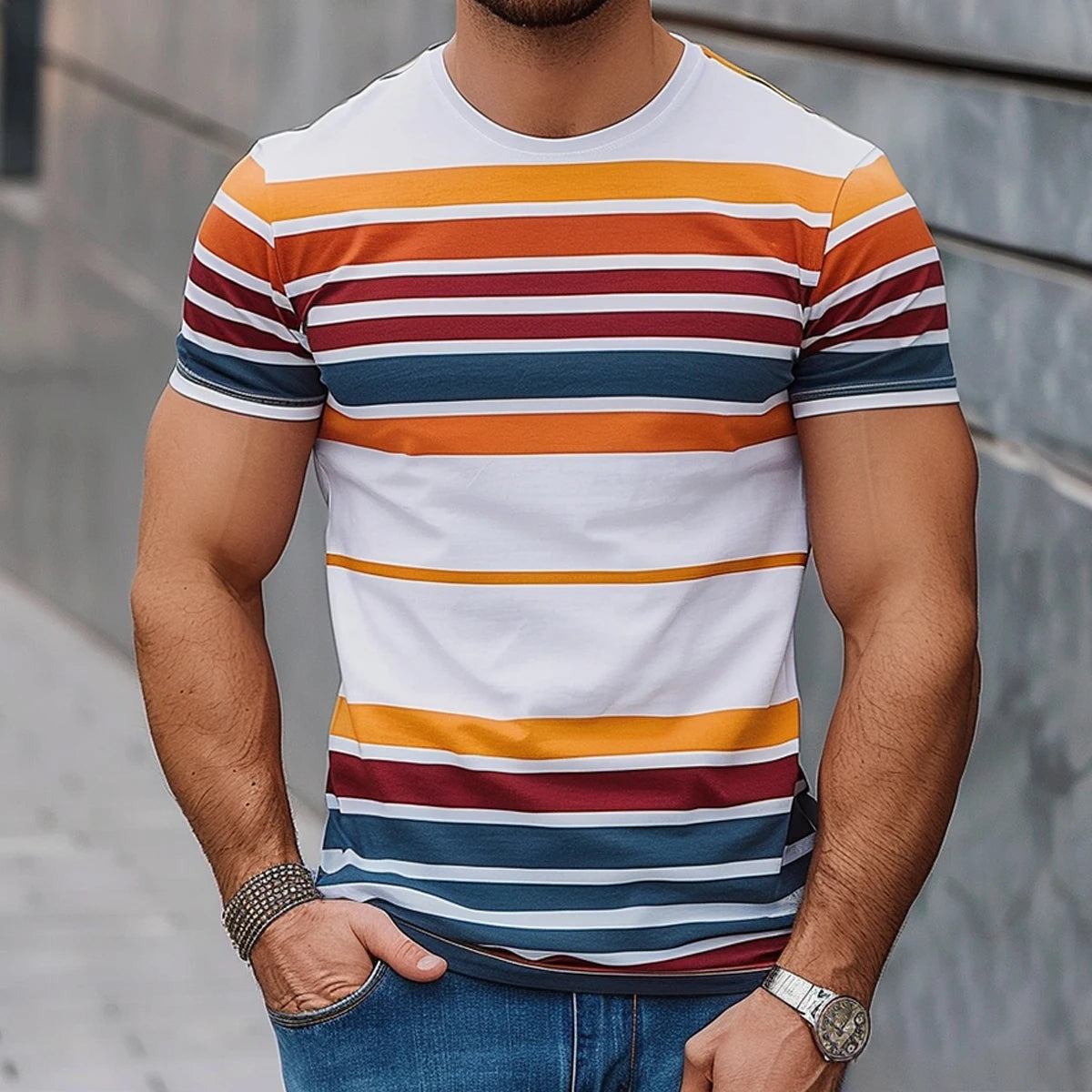 Mens Work Shirts Mens T-Shirts Tops Gifts Mens Womens Everyday Stripe Print Short Sleeve Crew Neck T-Shirt Tops Gym Tops - Lootquake