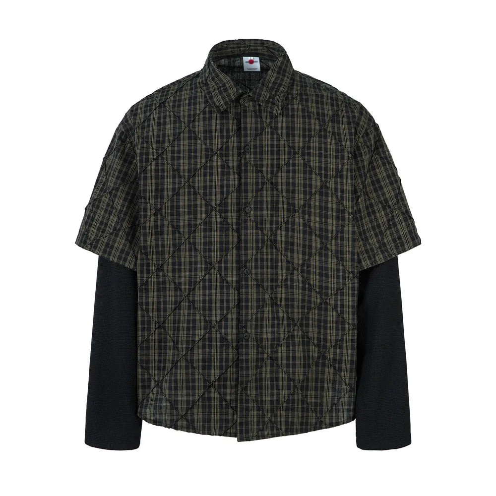 Plaid Spliced Fake Two Pieces Shirts Mens High Street Spring Loose Single Breasted Long Sleeve Lapel Shirts Shirts Men - Lootquake