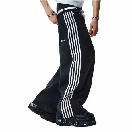 American Retro Jeans Y2K Men Women Harajuku Hip Hop Gothic Retro Pocket Embroidered Blue Baggy Jeans Low Waist Wide Leg Trousers - Lootquake