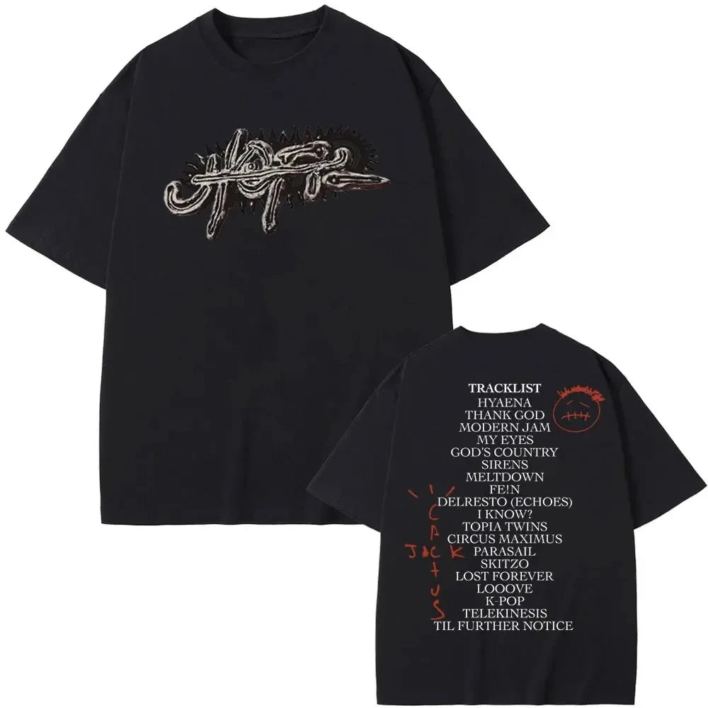 Rapper Cactus Jack Tshirt UTOPIA Album Graphics T-shirts Men's Hip Hop Pure Cotton Tees Male Casual Oversized T Shirt Streetwear - Lootquake