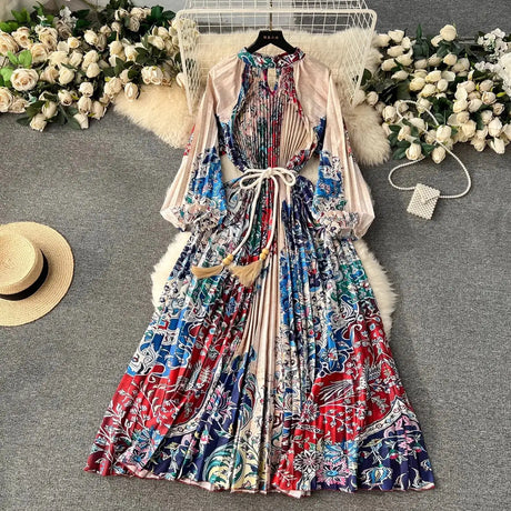 Spring Holiday Print Long Dress For Women Fashion Loose Lantern Sleeve Party Robe Female Big Swing Tassels Belt Pleated Clothes - Lootquake