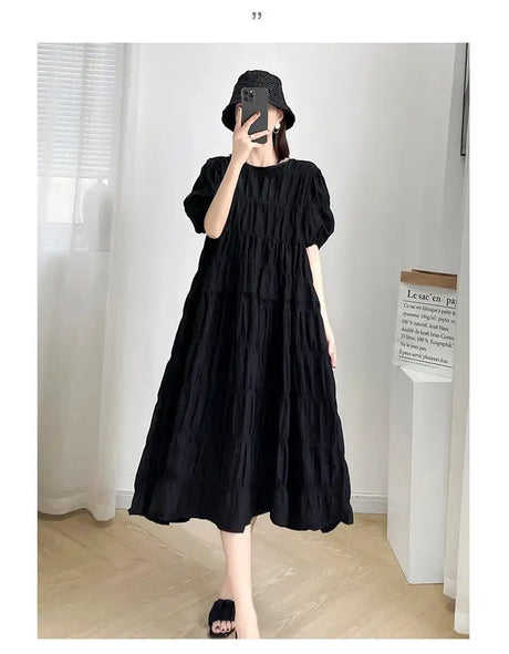 2025 Summer Maternity Pleated Dress Solid Color Loose Pregnant Woman Long Dress Short Sleeve Plus Size Pregnancy Ball Gown Dress - Lootquake