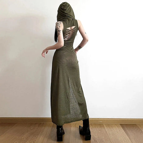 Trendy Hooded Sleeveless Long Dress Korean Style Ladies Lace Up Bodycon Sexy Split Dress Gothic Hip Hop Grunge Maxi Dress - Lootquake