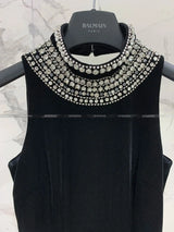 Women Heavy Rhinestone Bead Sexy Backless High Neck Waist Bag Hip Slimming Velvet Long Dress - Lootquake