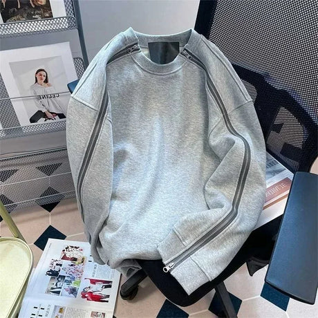Autumn Zipper Design O-neck Sweatshirts Men's New Y2K Vintage Streetwear Gray Pullover Hoodies Loose Hip Hop Fashion Sweat-shirt - Lootquake