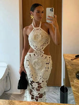 Fashion Hollow Out Halter Maxi Dress For Women 2024 Sexy Sleeveless Backless Long Dress Holiday Hook Flower Knitted Beach Robe - Lootquake