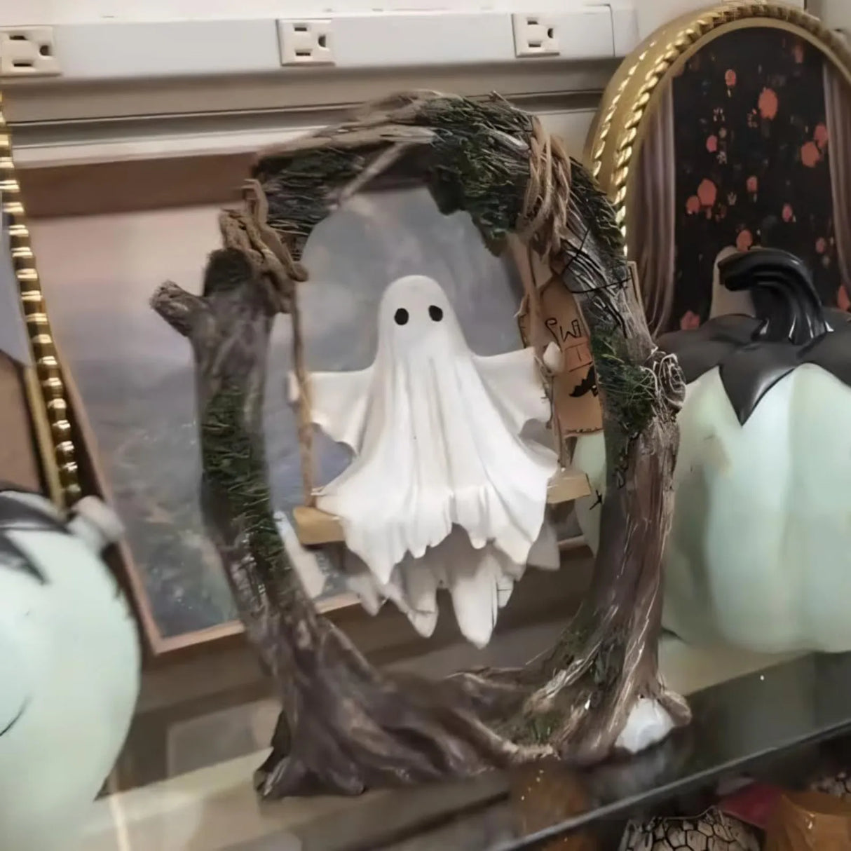 Unique Halloween Figurine Lovely Ghost Decorations Halloween Decor Ghost on Tree Swing Statue Spooky for Desktop Bookshelf Decor