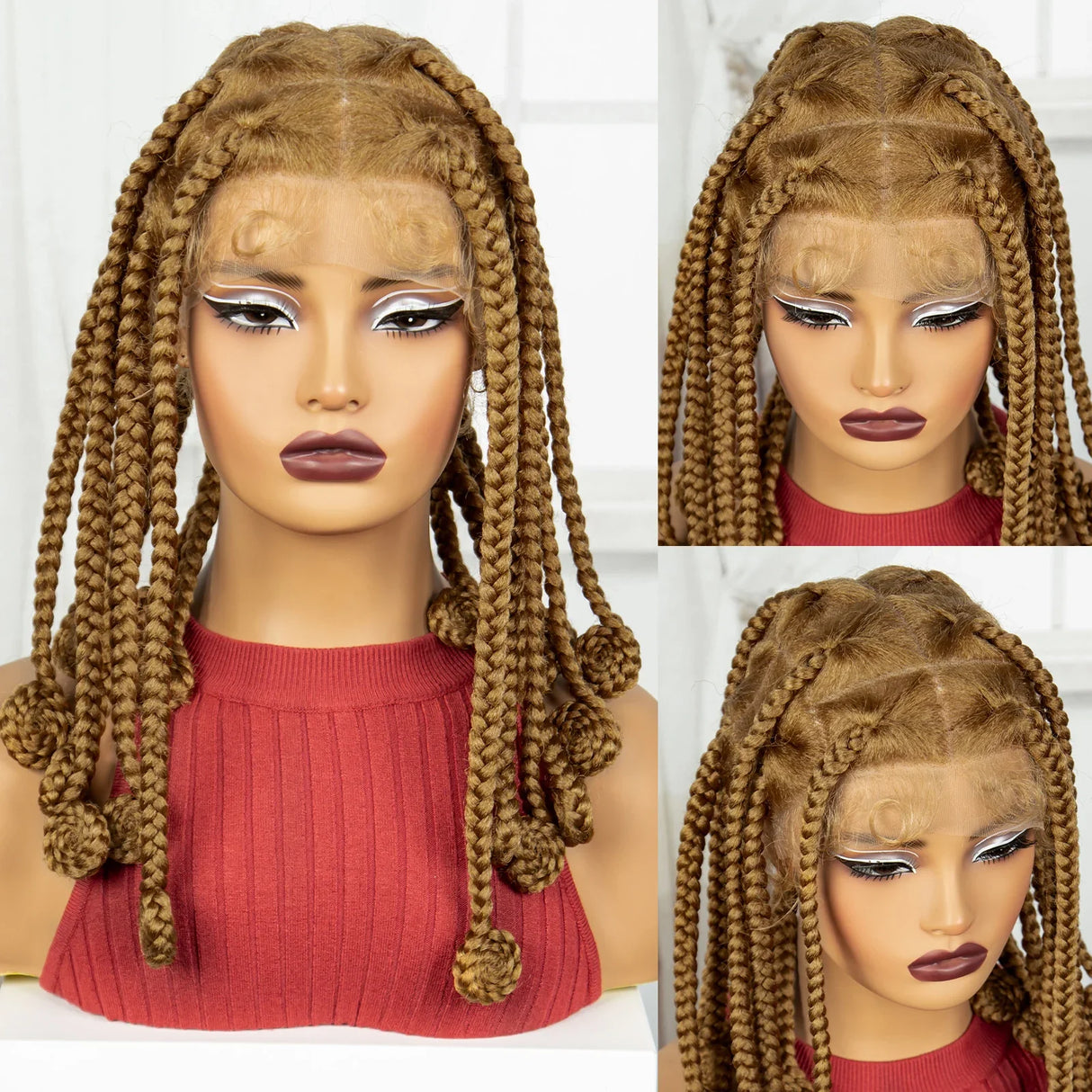 Blonde 12 Inch Synthetic Braided Wigs | Transparent Full Lace Bantu Knotless Box Braids with Baby Hair for Black Women