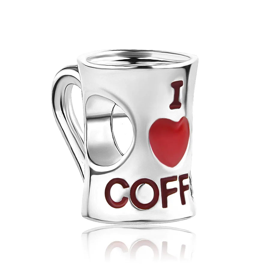 Dije de plata de ley 925 con forma de café, vino tinto, cafetera, copa de champán, compatible con pulseras colgantes originales, joyería DIY para mujer.