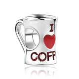 Dije de plata de ley 925 con forma de café, vino tinto, cafetera, copa de champán, compatible con pulseras colgantes originales, joyería DIY para mujer.