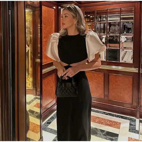 Elegant Puff Sleeve Long Dress For Women 2025 Sexy Hollow Out Waist Evening Party Dresses Female Vacation Lady Chic Beach Robe - Lootquake