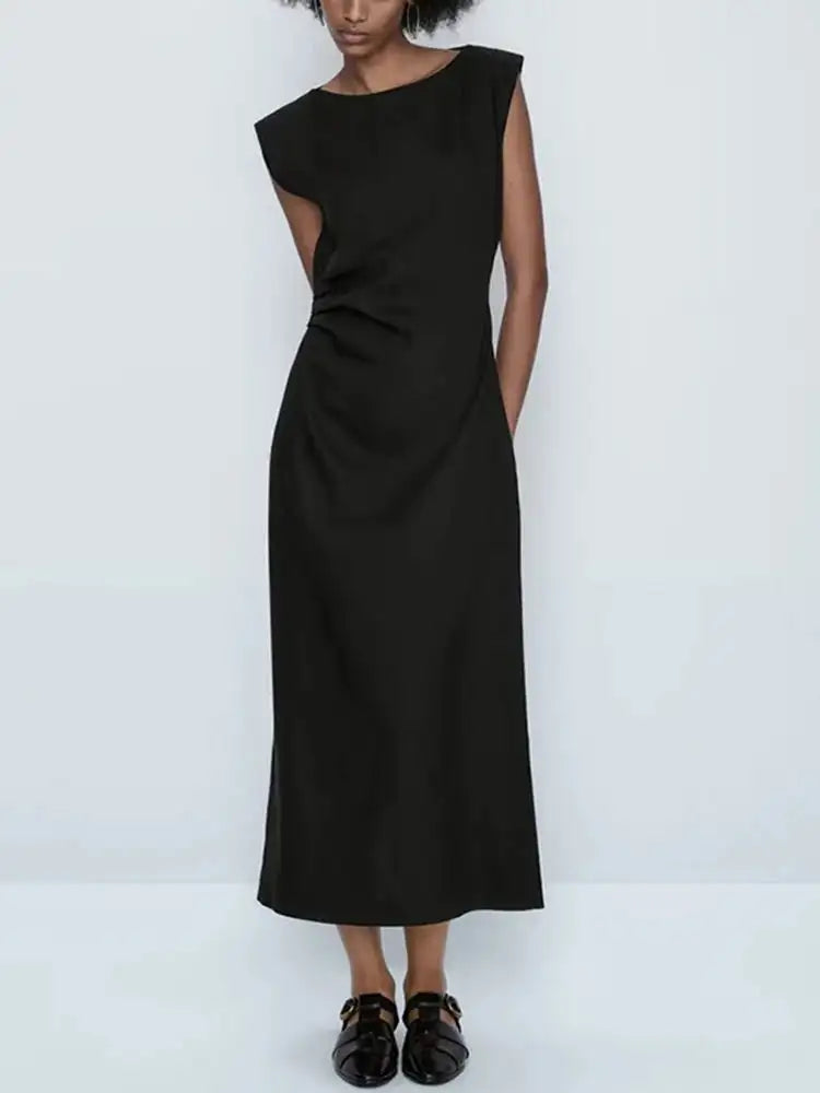 TRAF Women's Long Sleeveless Dress Black Fashion Linen Blend Shrinking Pleated Long Dress Temperament Elegant Women's Clothing - Lootquake