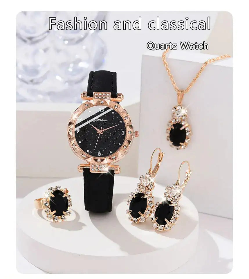Womens Watches 5Pcs Set Luxury Rhinestone Women Fashion Elegant Wristwatch Quartz Watch For Girl WristWatch Bracelet Gift - Lootquake