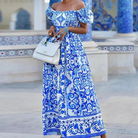 Fashion Temperament Slash Neck Bohemian Printed Maxi Dress New Women Elegant High Waist A-Line Long Dress Sexy Loose Party Dress - Lootquake
