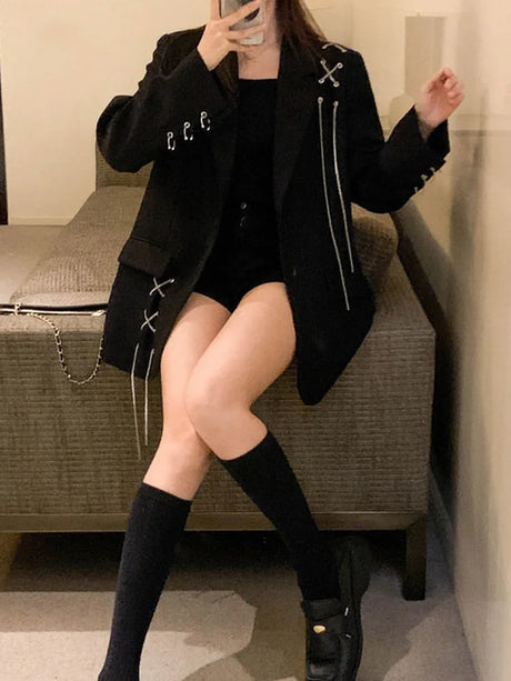 KOSAHIKI Harajuku Women Jackets Black Gothic Punk Hip Hop Solid Vintage Blazer Coats  Chic Chain Loose Jacket Streetwear - Lootquake