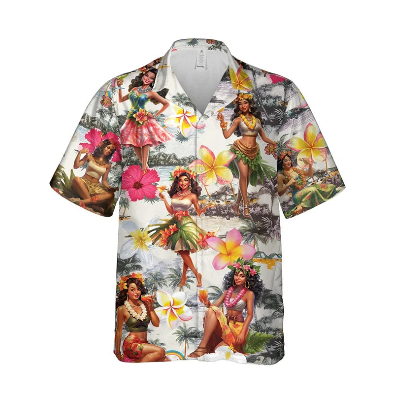 3D Print Hula Girl Graphic Beach Shirts For Men Casual Short Sleeve Hawaiian Dancer Blouses Aloha Beach Button Shirts Mens Tops - Lootquake