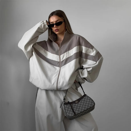Autumn Winter Long Sleeve Zipper Sports Pant Sets Women Patchwork Hip-Hop Ladies Street Loose 2 Piece Sets Women Outfit 2024 New - Lootquake