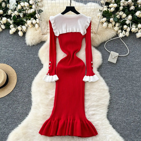 SINGREINY 2024 Hotsweet Slim Autumn Dress Women Peter pan Collar Long Sleeves Patchwork Preppy Style Mermaid Sweater Long Dress - Lootquake