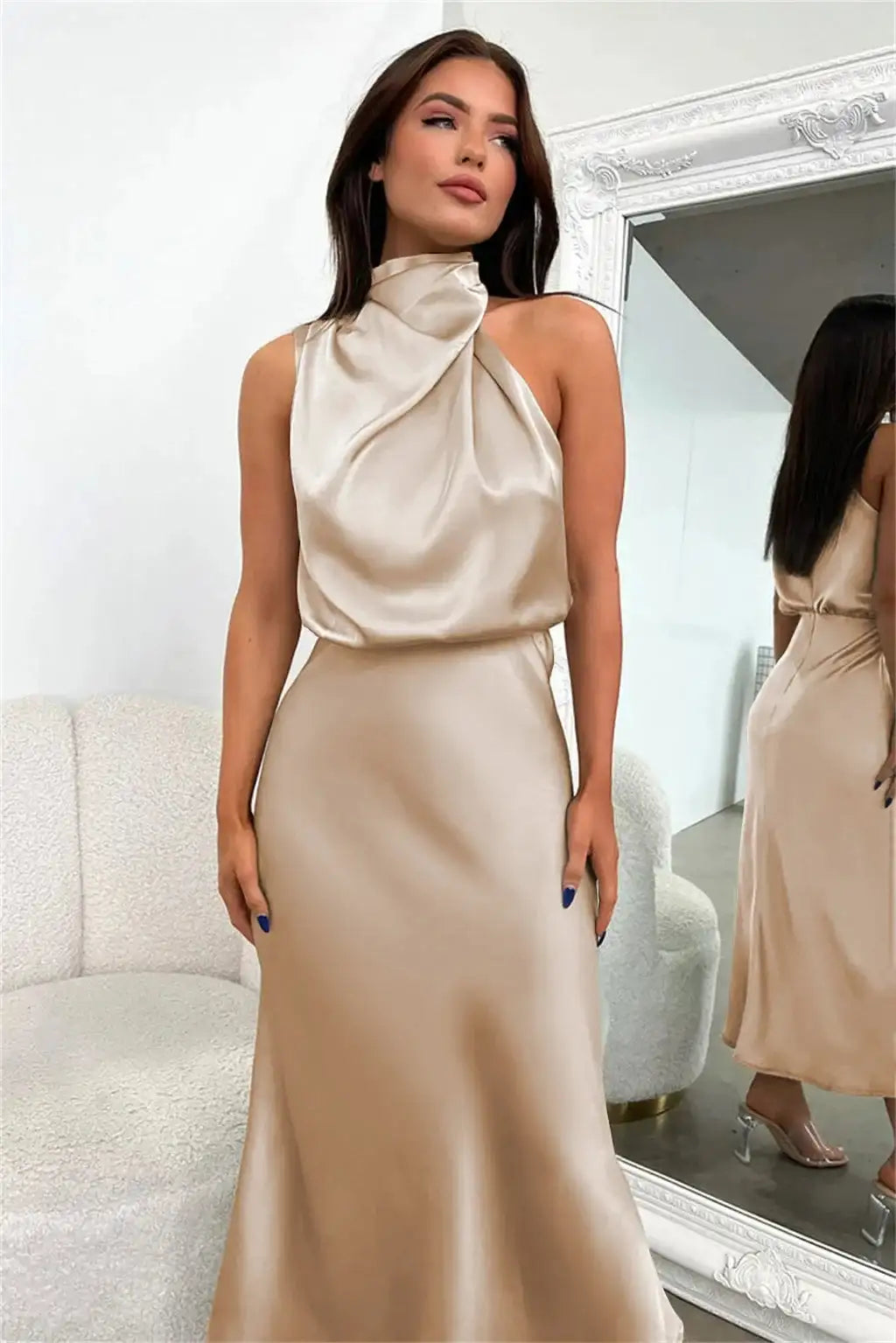 Summer High-End Silk Satin Sleeveless Long Dress Women Fashion Elegant Celebrity Dresses Evening Dress Party Clothes Ladies - Lootquake