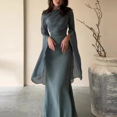 Fashion Satin Solid Robe Dress Ladies Temperament O-neck Slim Evening Dress Elegant Batwing Sleeves High Waist Pleats Long Dress - Lootquake