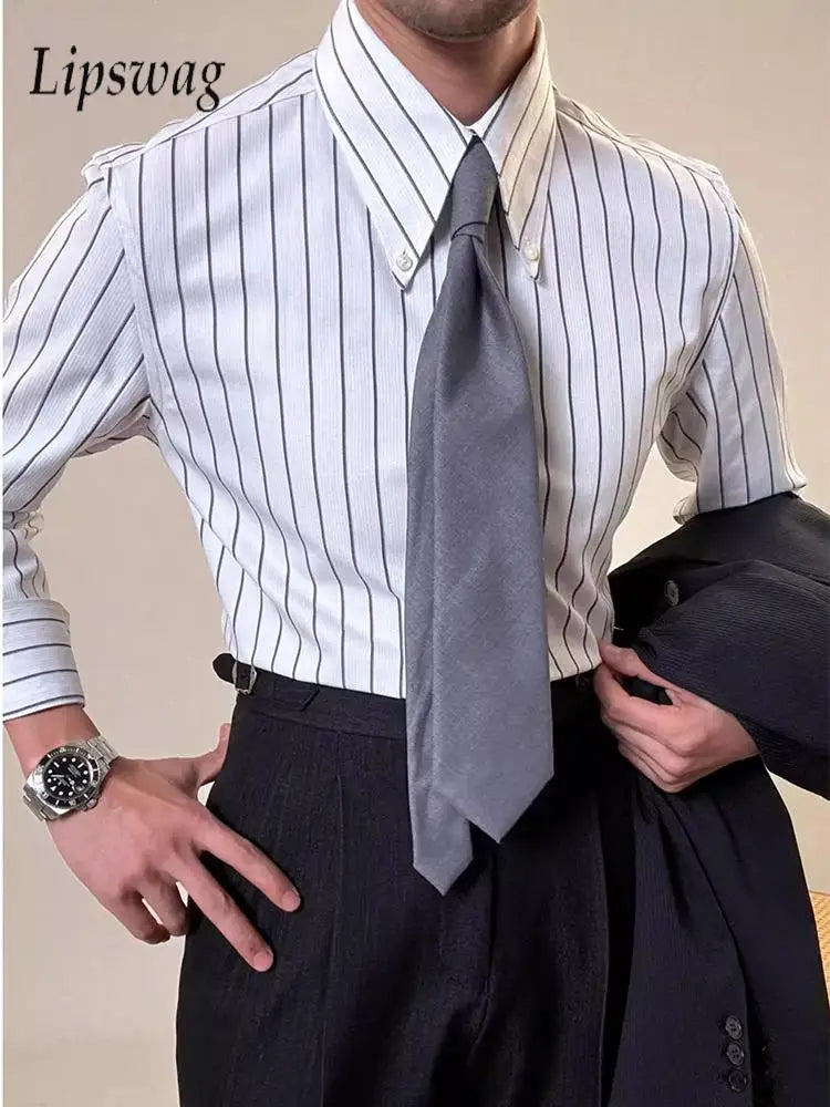 Vintage Striped Printed Slim Shirts Mens Casual Long Sleeve Lapel Buttoned Shirt 2025 Spring Fall Mens Shirt Naple Style Clothes