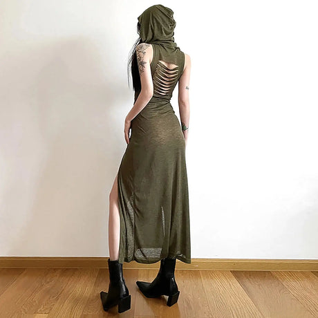 Trendy Hooded Sleeveless Long Dress Korean Style Ladies Lace Up Bodycon Sexy Split Dress Gothic Hip Hop Grunge Maxi Dress - Lootquake