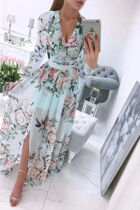 Amazon eBay Cross border 2024 Summer Chiffon Printed Long Dress V-neck Dress Long Sleeve Split Dress Women - Lootquake