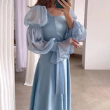 Eid Muslim Party Dress Women Sweet Puff Sleeve Long Dress Square Collar Vestidos Largo Ramadan Abayas Dubai Arab Long Robe 2024 - Lootquake