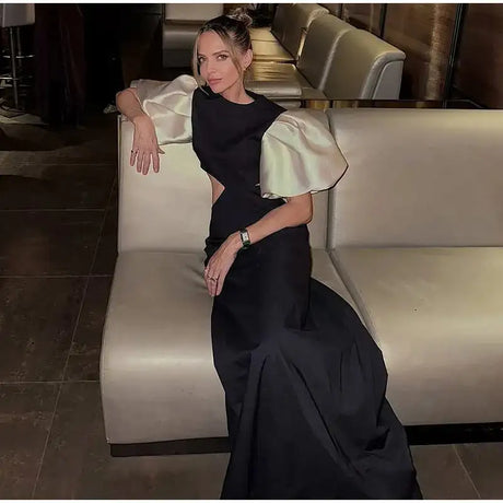 Elegant Puff Sleeve Long Dress For Women 2025 Sexy Hollow Out Waist Evening Party Dresses Female Vacation Lady Chic Beach Robe - Lootquake